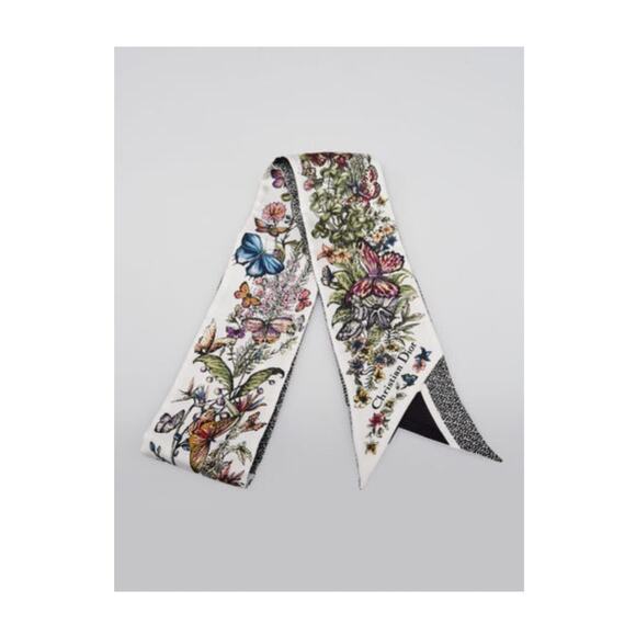 Christian Dior White Black Multicolor Silk Millefiori Mitzah Twilly Scarf - Picture 1 of 4